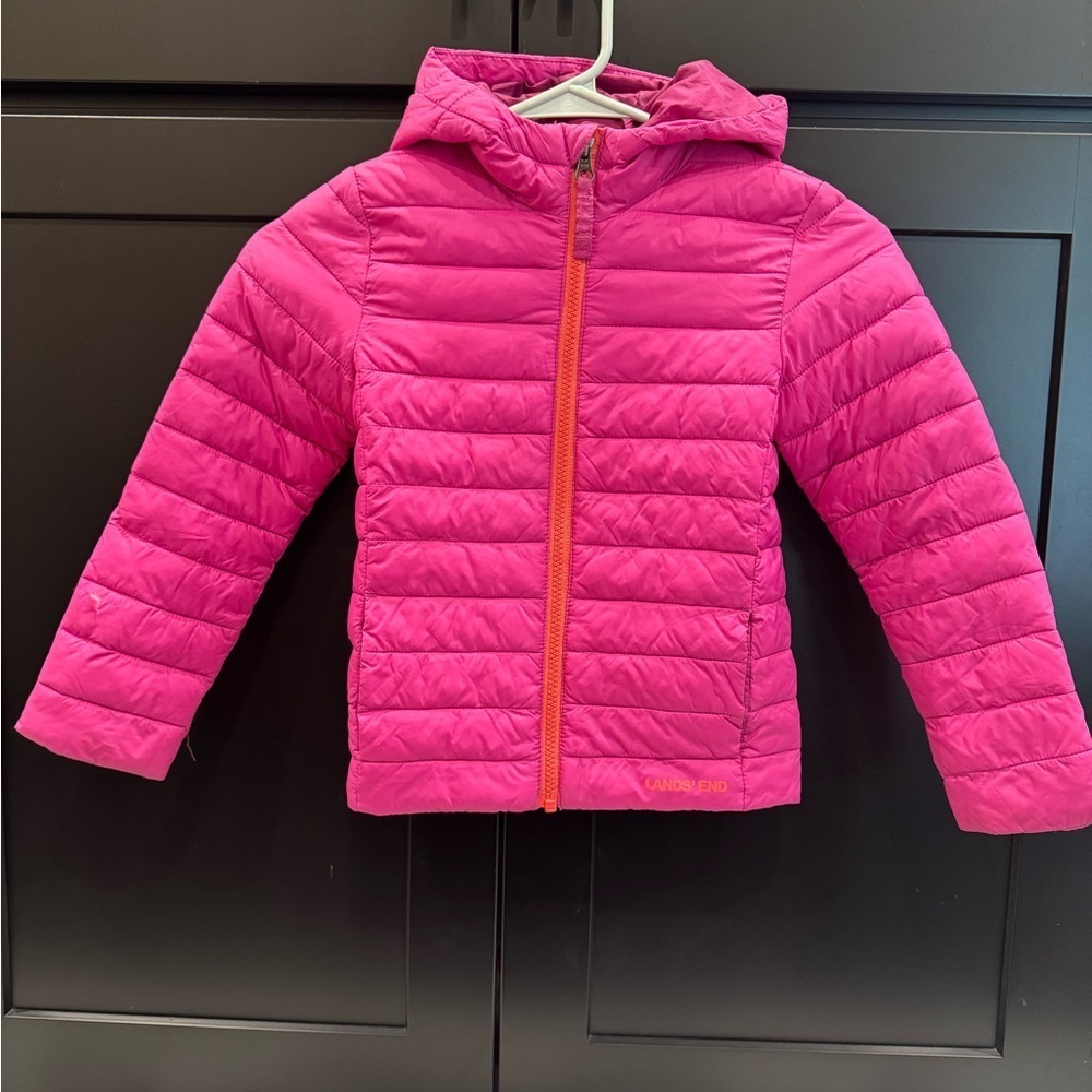 Lands' End Vibrant Pink Puffer Zip-up Outerwear Coat Jacket with Hood Size 4-5